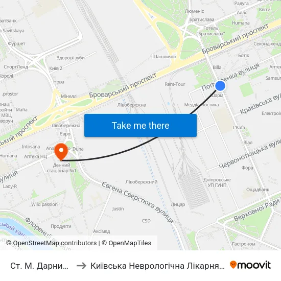 Ст. М. Дарниця to Київська Неврологічна Лікарня 2 map