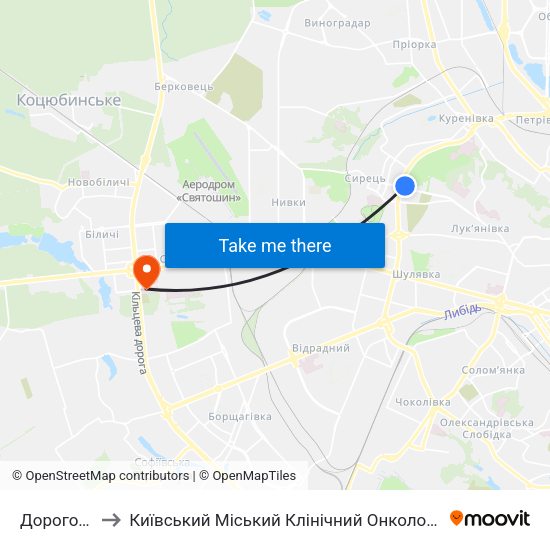 Дорогожичі to Київський Міський Клінічний Онкологічний центр map