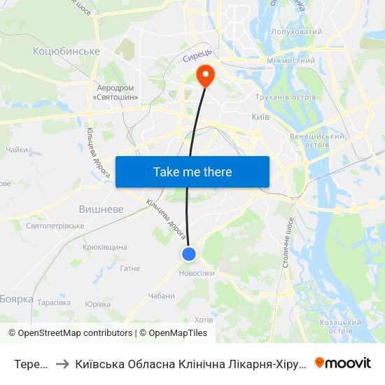 Теремки to Київська Обласна Клінічна Лікарня-Хірургічний Корпус map