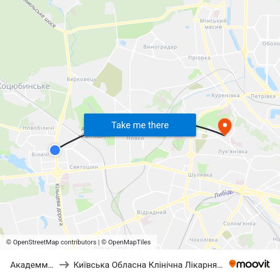 Академмістечко to Київська Обласна Клінічна Лікарня-Хірургічний Корпус map