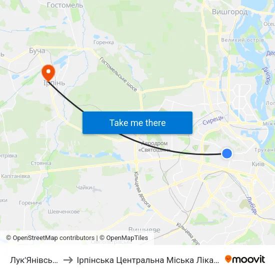 Лук'Янівська to Ірпінська Центральна Міська Лікарня map