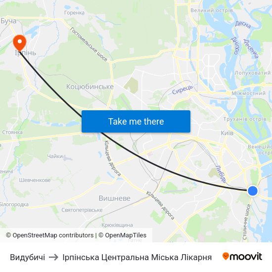 Видубичі to Ірпінська Центральна Міська Лікарня map