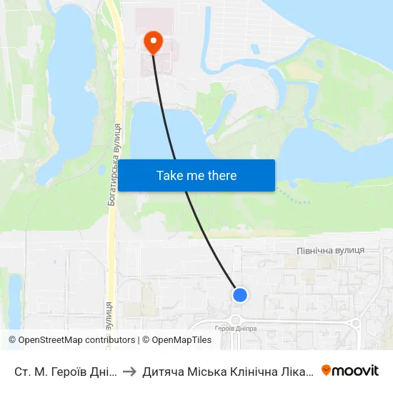 Ст. М. Героїв Дніпра to Дитяча Міська Клінічна Лікарня 1 map