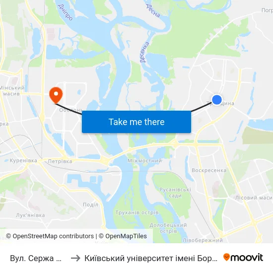 Вул. Сержа Лифаря to Київський університет імені Бориса Грінченка map