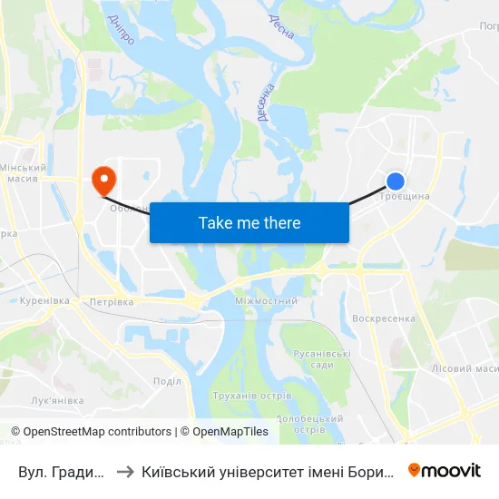 Вул. Градинська to Київський університет імені Бориса Грінченка map