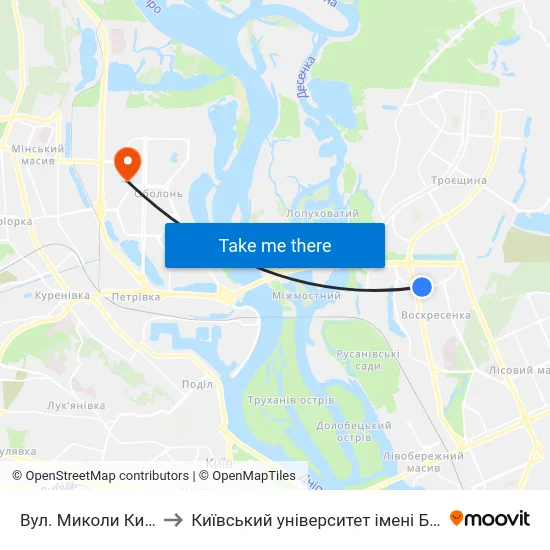 Вул. Миколи Кибальчича to Київський університет імені Бориса Грінченка map