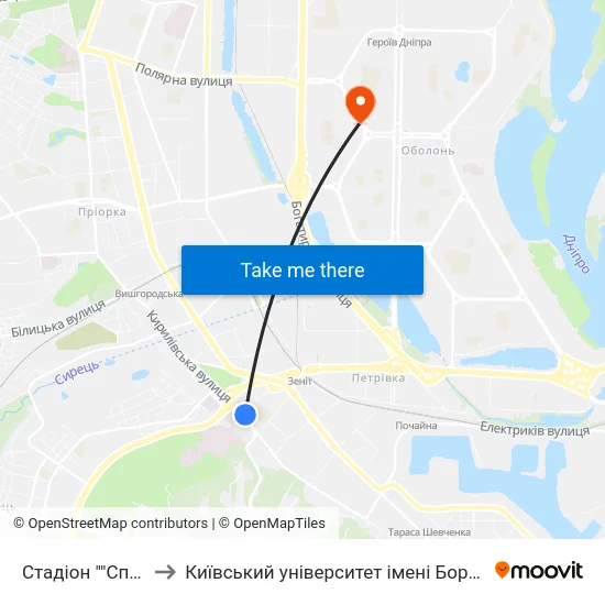 Стадіон ""Спартак"" to Київський університет імені Бориса Грінченка map