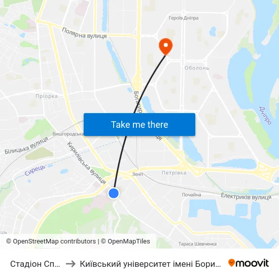 Стадіон Спартак to Київський університет імені Бориса Грінченка map