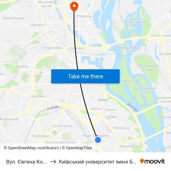 Вул. Євгена Коновальця to Київський університет імені Бориса Грінченка map