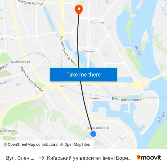 Вул. Оленівська to Київський університет імені Бориса Грінченка map