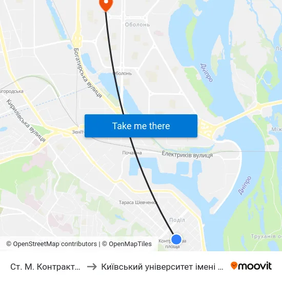 Ст. М. Контрактова Площа to Київський університет імені Бориса Грінченка map
