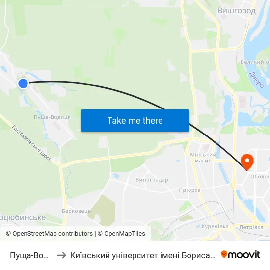 Пуща-Водиця to Київський університет імені Бориса Грінченка map