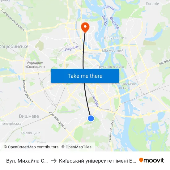 Вул. Михайла Стельмаха to Київський університет імені Бориса Грінченка map