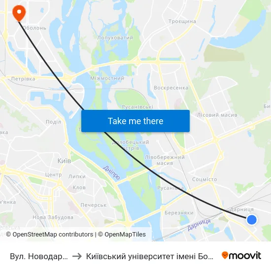 Вул. Новодарницька to Київський університет імені Бориса Грінченка map