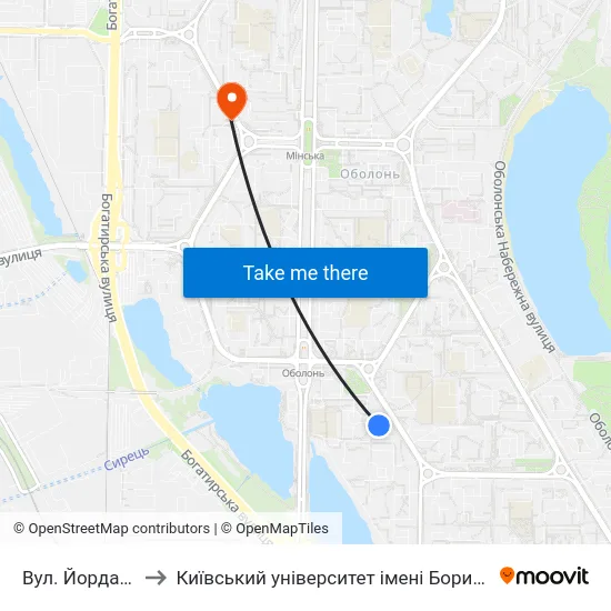 Вул. Йорданська to Київський університет імені Бориса Грінченка map