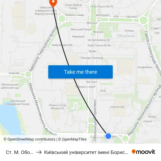 Ст. М. Оболонь to Київський університет імені Бориса Грінченка map