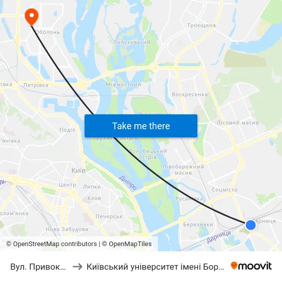 Вул. Привокзальна to Київський університет імені Бориса Грінченка map