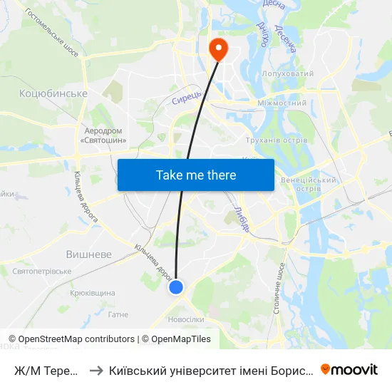 Ж/М Теремки-1 to Київський університет імені Бориса Грінченка map