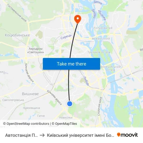 Автостанція Південна to Київський університет імені Бориса Грінченка map