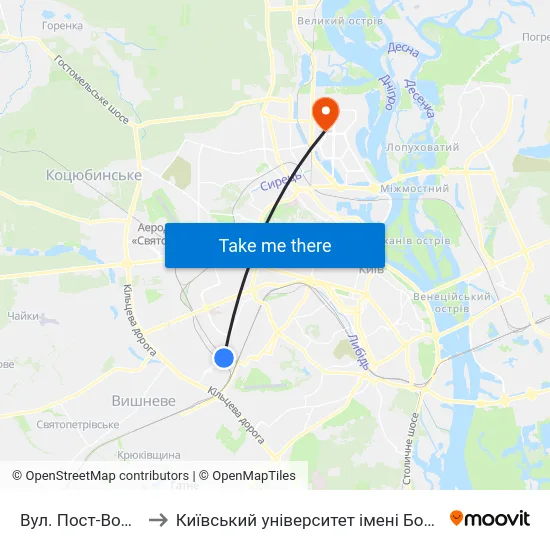 Вул. Пост-Волинська to Київський університет імені Бориса Грінченка map