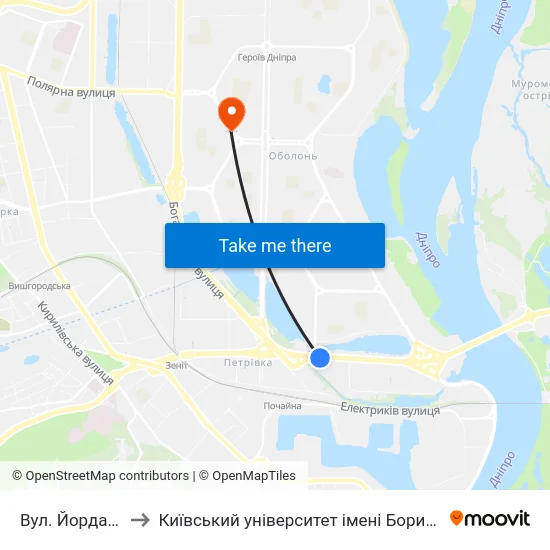 Вул. Йорданська to Київський університет імені Бориса Грінченка map
