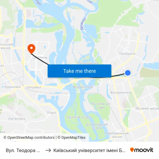 Вул. Теодора Драйзера to Київський університет імені Бориса Грінченка map