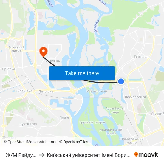 Ж/М Райдужний to Київський університет імені Бориса Грінченка map