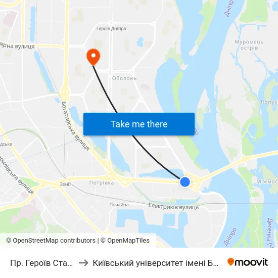 Пр. Героїв Сталінграда to Київський університет імені Бориса Грінченка map