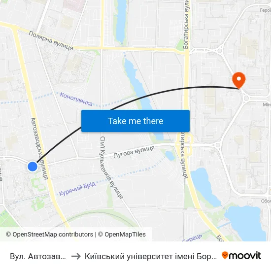 Вул. Автозаводська to Київський університет імені Бориса Грінченка map