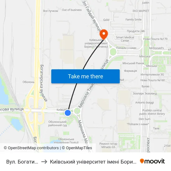 Вул. Богатирська to Київський університет імені Бориса Грінченка map