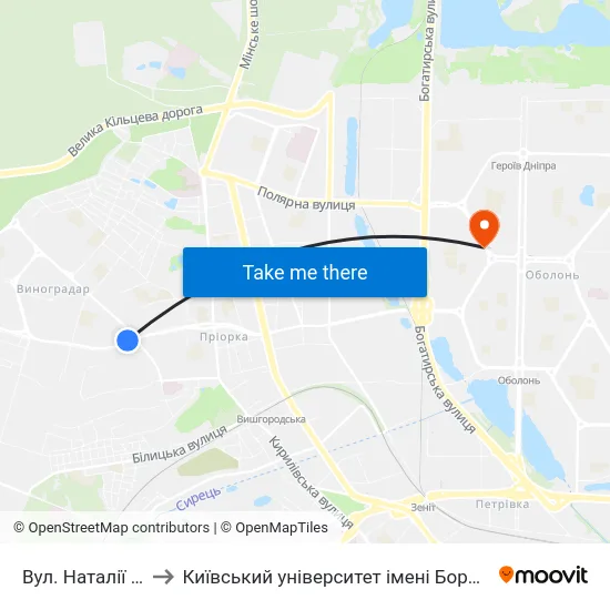Вул. Наталії Ужвій to Київський університет імені Бориса Грінченка map