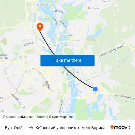 Вул. Олійника to Київський університет імені Бориса Грінченка map