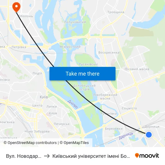 Вул. Новодарницька to Київський університет імені Бориса Грінченка map