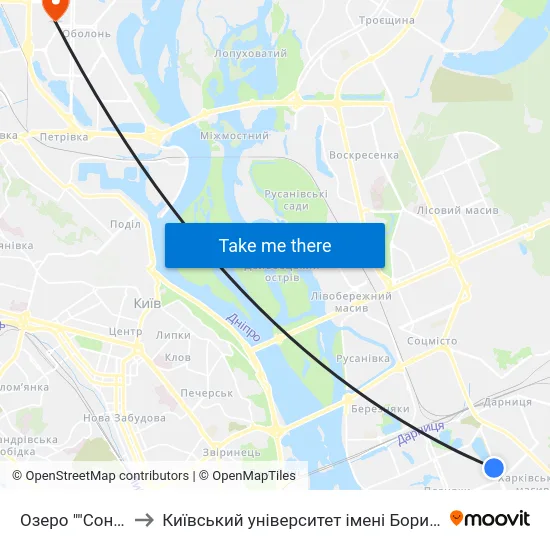 Озеро ""Сонячне"" to Київський університет імені Бориса Грінченка map