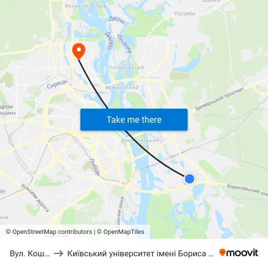 Вул. Кошиця to Київський університет імені Бориса Грінченка map