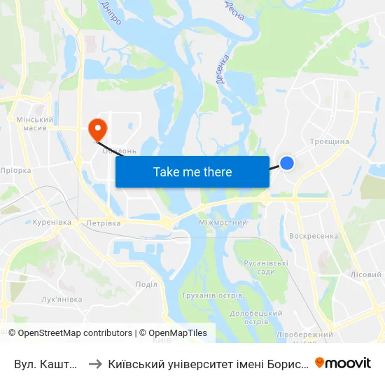 Вул. Каштанова to Київський університет імені Бориса Грінченка map