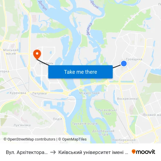 Вул. Архітектора Ніколаєва to Київський університет імені Бориса Грінченка map