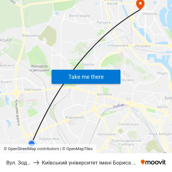 Вул. Зодчих to Київський університет імені Бориса Грінченка map