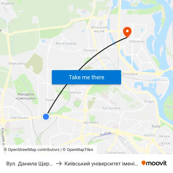 Вул. Данила Щербаківського to Київський університет імені Бориса Грінченка map