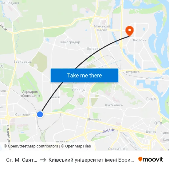 Ст. М. Святошин to Київський університет імені Бориса Грінченка map