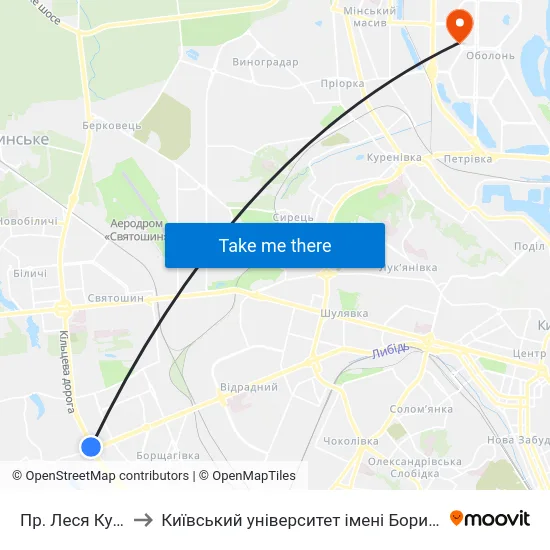 Пр. Леся Курбаса to Київський університет імені Бориса Грінченка map