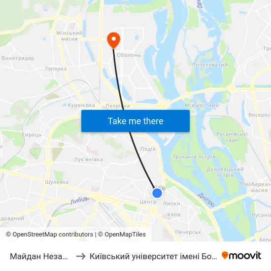 Майдан Незалежності to Київський університет імені Бориса Грінченка map