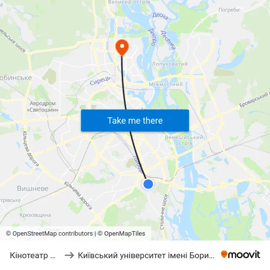 Кінотеатр Салют to Київський університет імені Бориса Грінченка map