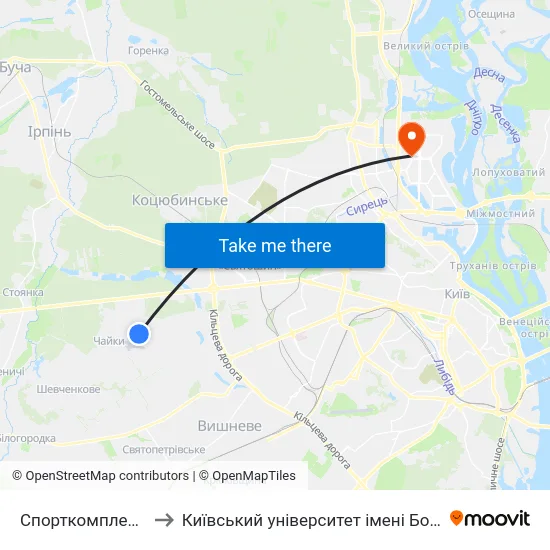 Спорткомплекс Чайка to Київський університет імені Бориса Грінченка map