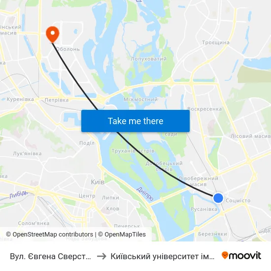 Вул. Євгена Сверстюка (На Вимогу) to Київський університет імені Бориса Грінченка map