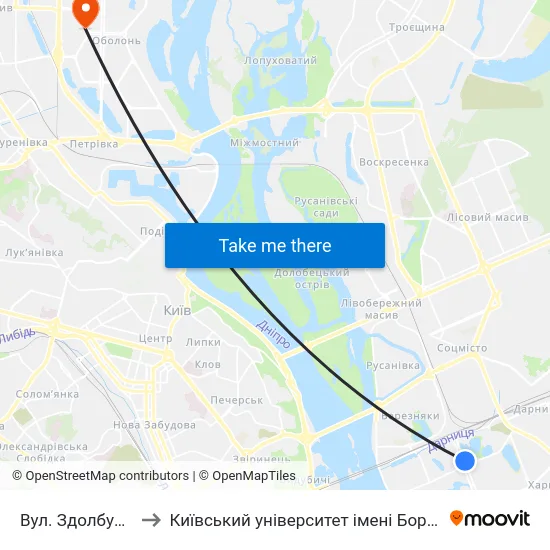 Вул. Здолбунівська to Київський університет імені Бориса Грінченка map