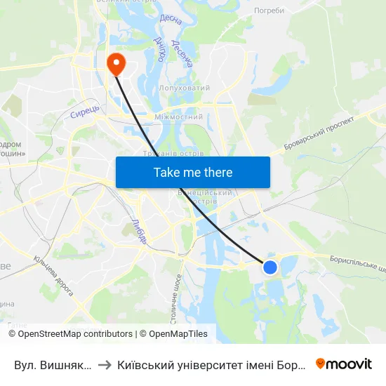 Вул. Вишняківська to Київський університет імені Бориса Грінченка map