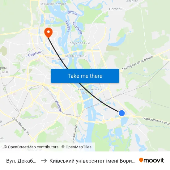 Вул. Декабристів to Київський університет імені Бориса Грінченка map