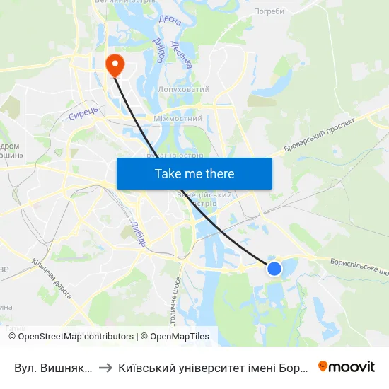 Вул. Вишняківська to Київський університет імені Бориса Грінченка map