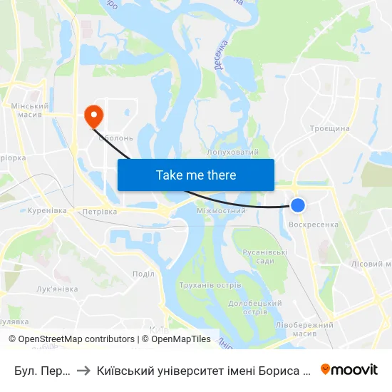 Бул. Перова to Київський університет імені Бориса Грінченка map